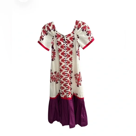 Embroidered White Maxi Dress with Red Motifs & Purple Hem - Picture 2 of 7